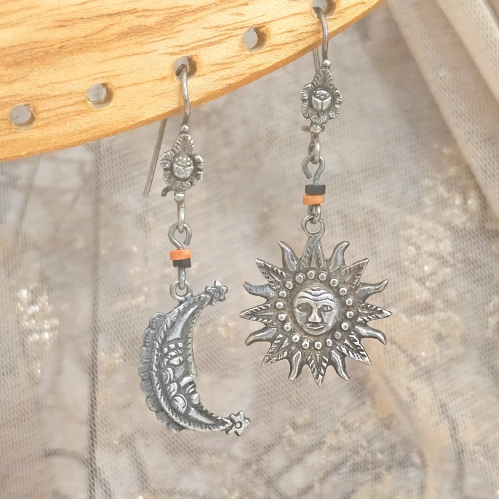 Vintage Sun & Moon Sterling Silver Dangle Beaded 925 Earrings